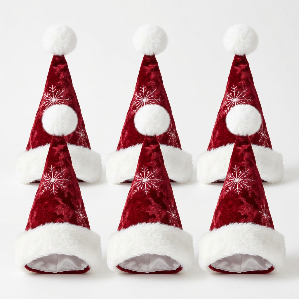 White background product photo - Set of 6 crimson velvet Santa hat napkins standing upright in two rows of three