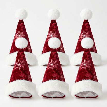 White background product photo - Set of 6 crimson velvet Santa hat napkins standing upright in two rows of three