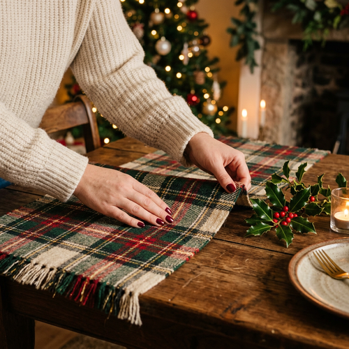 Detail Image 3 - Lifestyle hands arranging the table runner showing gold lurex shimmer in warm home light
