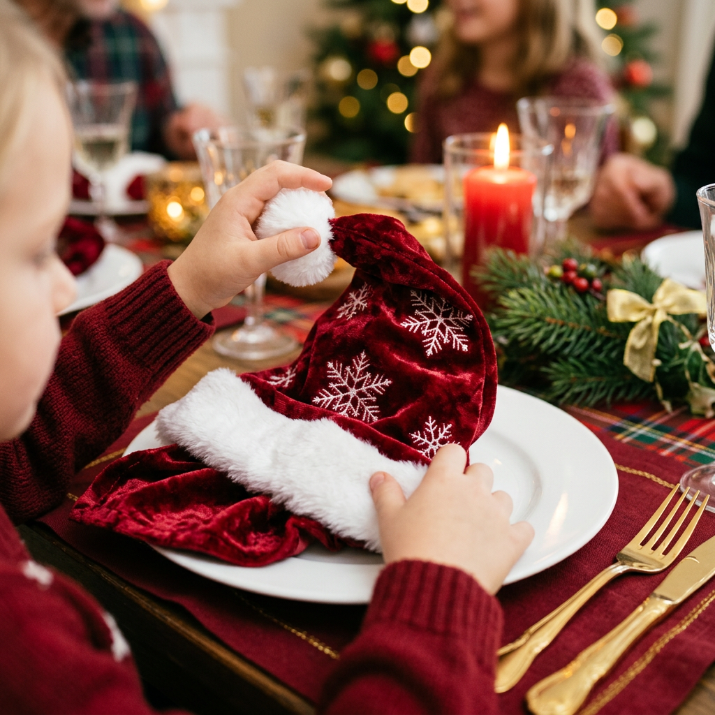 Detail Image 3 - Lifestyle child's hands unfolding Santa hat napkin at Christmas dinner table with candle and pine sprig