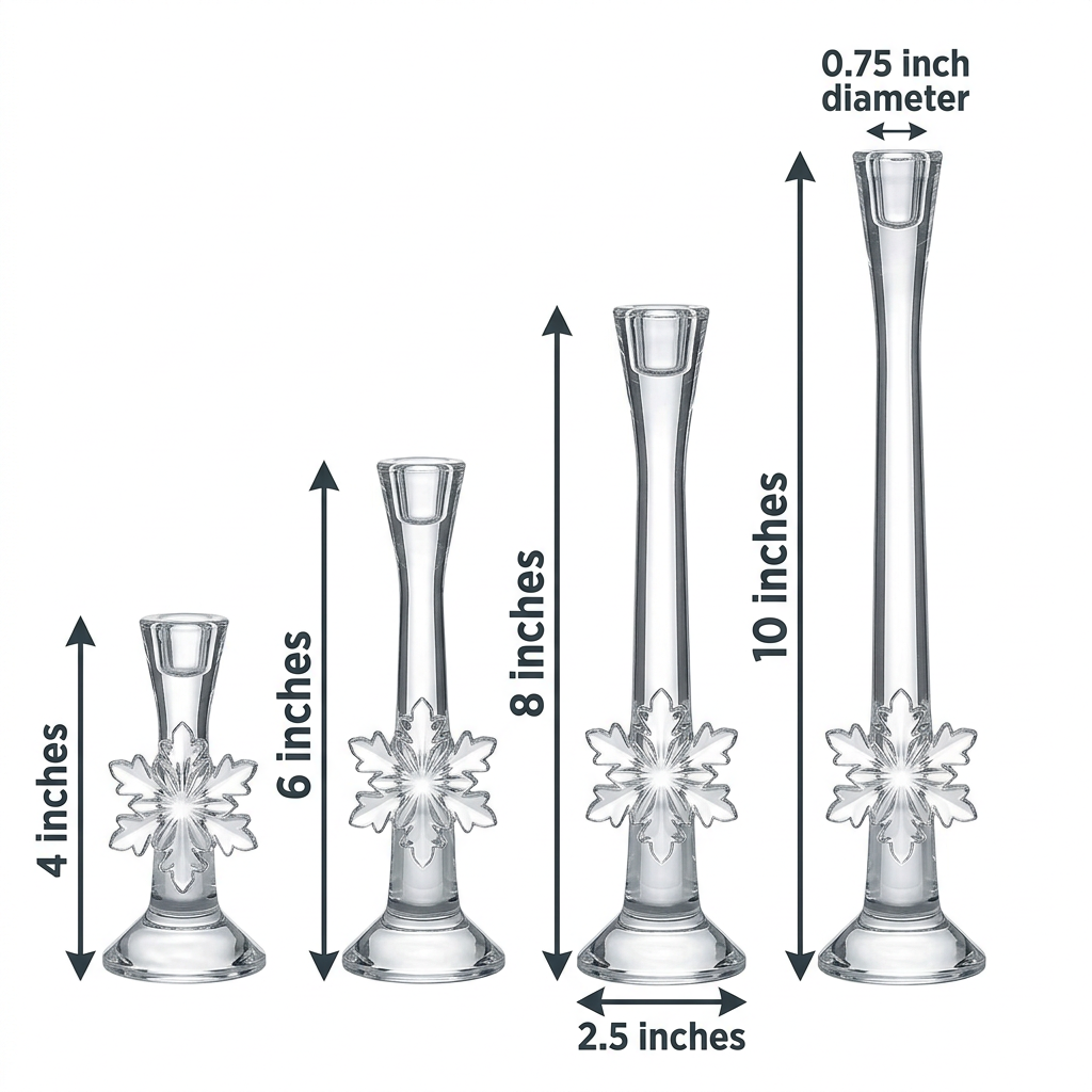 Size Chart - All four candle holders dimension infographic showing heights 4 6 8 10 inches base diameter and taper opening