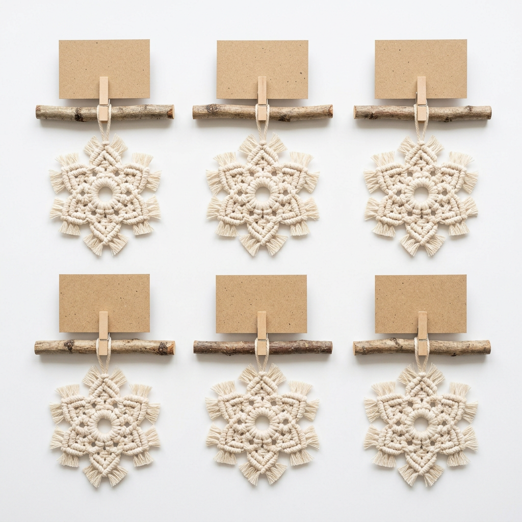 White background product photo - Set of 6 macrame cotton snowflake place card holders with birch twig crossbar and clothespin