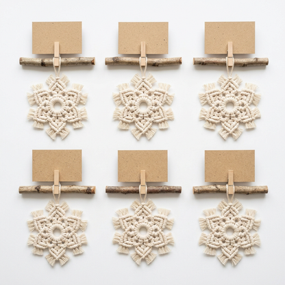 White background product photo - Set of 6 macrame cotton snowflake place card holders with birch twig crossbar and clothespin