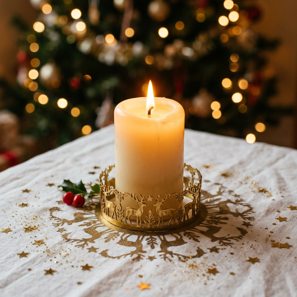 Detail Image 3 - Candle collar ring around glowing ivory pillar candle casting reindeer shadow